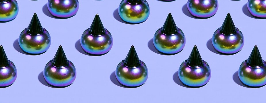 Abstract 3d pattern of repeating iridescent holographic rounded objects with black conical top on plain light purple background modern geometric pop art design