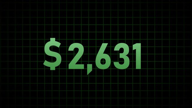 Green dollar counter animation up to 5000, digital money growth ticker graphic, financial success metric overlay