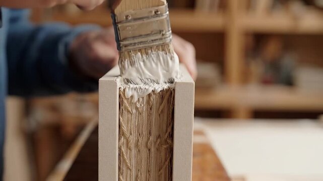 Craftsman hands painting honeycomb cardboard edge with white glue using brush. Furniture making process in carpentry workshop.