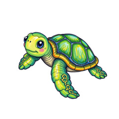 Fototapeta premium A cute, colorful cartoon sea turtle with big eyes and detailed shell and limbs, depicted in a playful and friendly style.