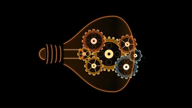 Glowing light bulb shape filled with mechanical metal gears and cogs representing innovation and creative thinking on a dark black background 4k Motion Video