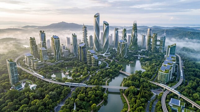 Futuristic sustainable city with green skyscrapers and monorails