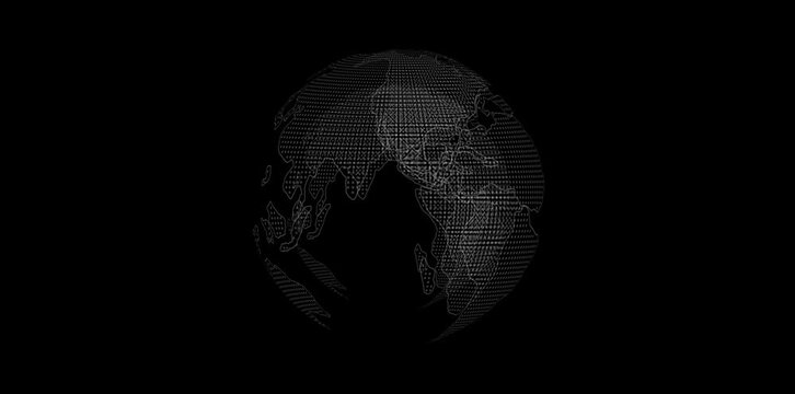 Digital white dotted planet earth loop animation isolated on a black background. Rotating stylized world globe with square particles. Big data technology,