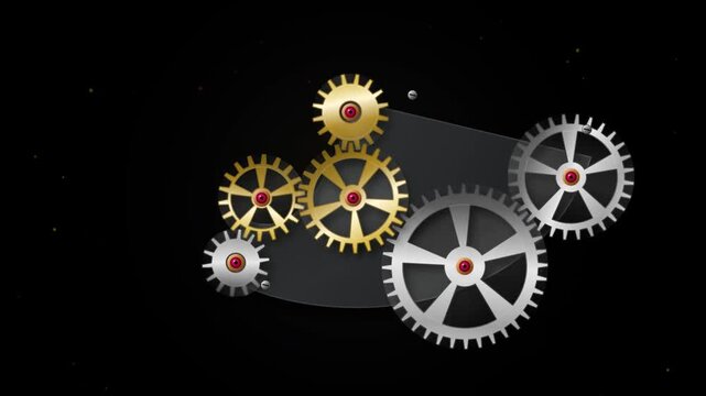 Gold and silver metal gears and cogs rotating together on a dark background representing industrial engineering and mechanical teamwork for business progress concept 4k Motion Video