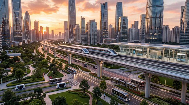 Futuristic high speed trains and autonomous buses in a green city
