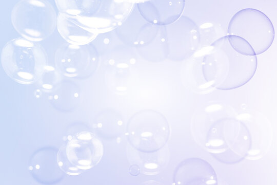 Clear Shiny Soap Bubbles Floating in The Sky. Purple, Bluea nd White Gradient Blurred Background.	Celebration Festive Backdrop. Freshness Soap Suds Bubbles Water. 