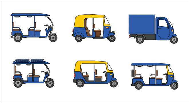 Assorted auto rickshaws and a delivery van are depicted in a colorful vector illustration auto rickshaw tuk tuk three wheeler