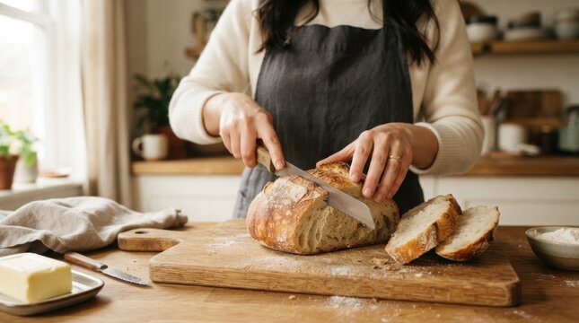 Home baker slicing freshly baked loaf of bread on wooden cutting board in modern kitchen