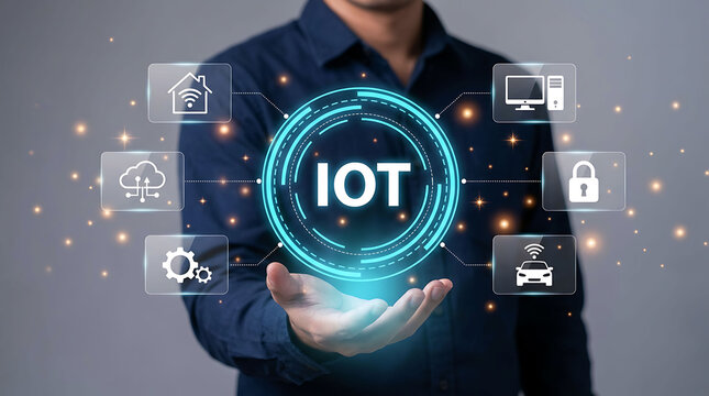 Businessman holding glowing digital IOT interface with connected smart devices