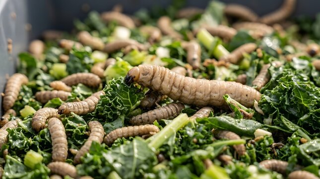 Macro shot of large black soldier fly larva consuming fresh green kale leaves in farm bin