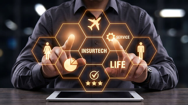 Businessman interacting with digital insurtech interface on modern tablet