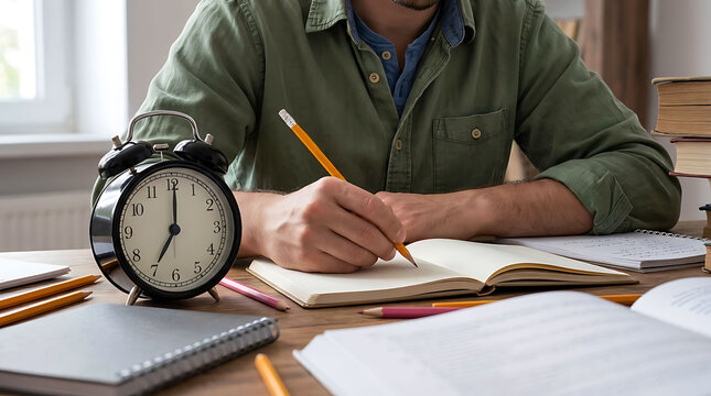 A dedicated student writing notes in a notebook while studying at a wooden desk