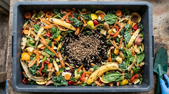 Top view of large composting tray filled with fruit peelings vegetable waste and black soldier fly larvae