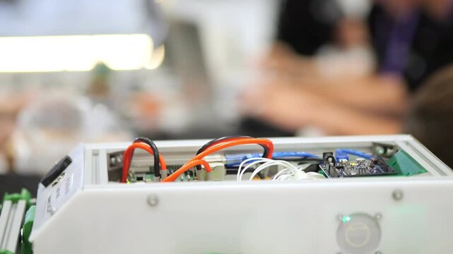 Close-up of a white electronic device with exposed wires and circuitry. Background shows blurred people at a tech event. Green circuit board visible inside casing