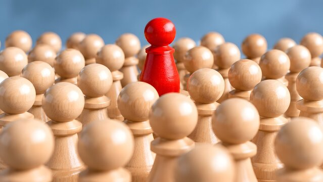 One single red figure standing out entirely among a massive crowd of ordinary wooden pieces depicting unique leadership