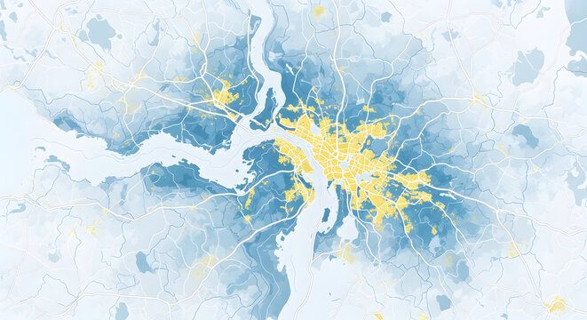 Abstract Demographic Heat Map Visualization Showing Urban Population Density and Infrastructure Concentration Across a Riverfront Geography