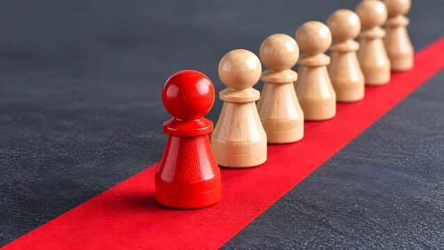 Unique red figure standing on a red path breaking away from a line of ordinary wooden figures showing career progression
