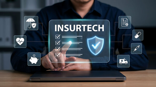 Businessman interacting with digital Insurtech interface technology graphic