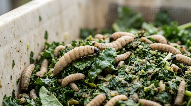 Macro shot of black soldier fly larvae feeding on fresh green vegetable scraps in compost bin