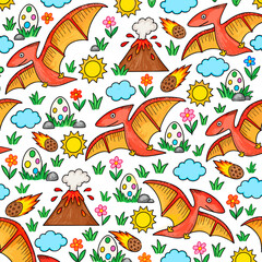 Cute Hand Drawn Pterodactyl Dinosaur and Volcano Seamless Pattern for Kids © Kristiawan