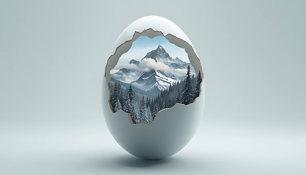 Cracked white egg revealing a miniature snowy mountain landscape with pine trees on a plain background