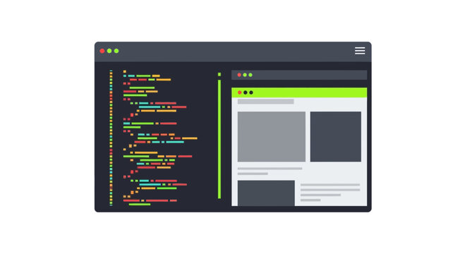 Web Development Concept Illustration with Code Editor and Website Layout Preview