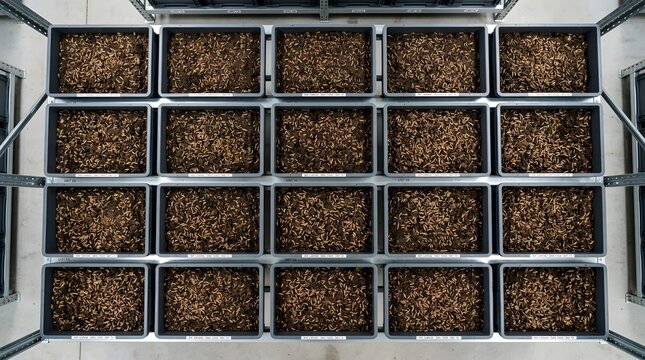Symmetrical top down view of organized black soldier fly larvae rearing trays on industrial rack