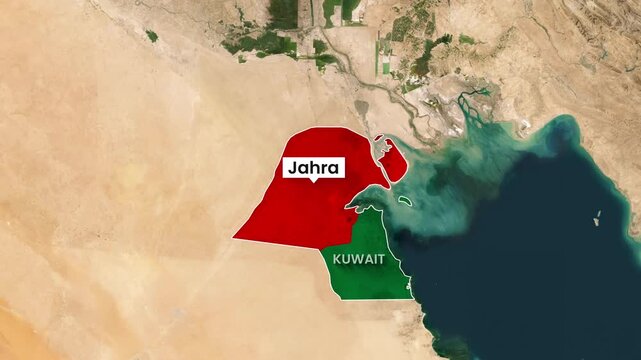 Animated map footage highlights Jahra governorate borders within Kuwait