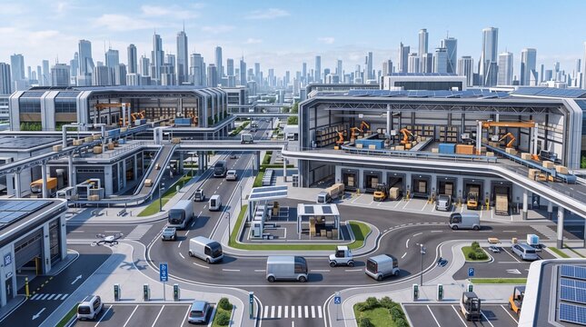 Futuristic automated logistics hub with autonomous delivery vehicles