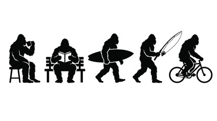 Obraz premium Bigfoot evolution silhouette set, Sasquatch lifestyle vector icons, mythical creature surfing fishing and cycling graphics for t-shirt design