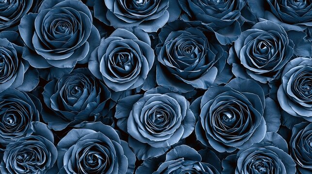 Seamless repeating pattern of fully bloomed classic blue roses with detailed layered petals beautiful dense floral texture romantic floral background