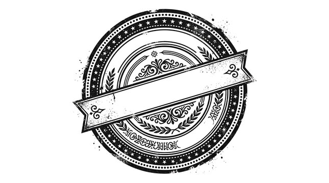 Vintage circular stamp label frame with blank text banner. Retro certified quality seal template. Monochrome blank ribbon badge with ornate filigree borders and laurel wreath