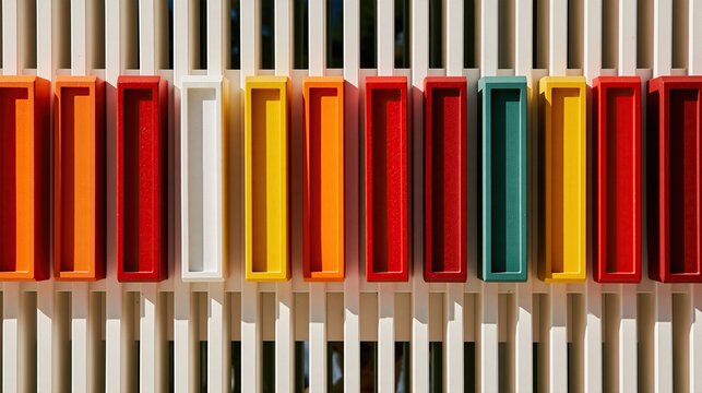 Close up of evenly arranged vertical rectangular wooden blocks painted in bright saturated red orange yellow teal and white on white slat background under natural sun light