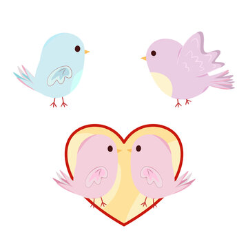 Cute Valentine Lovebirds Collection with Blue Pink Birds and Heart Couple Graphic Elements