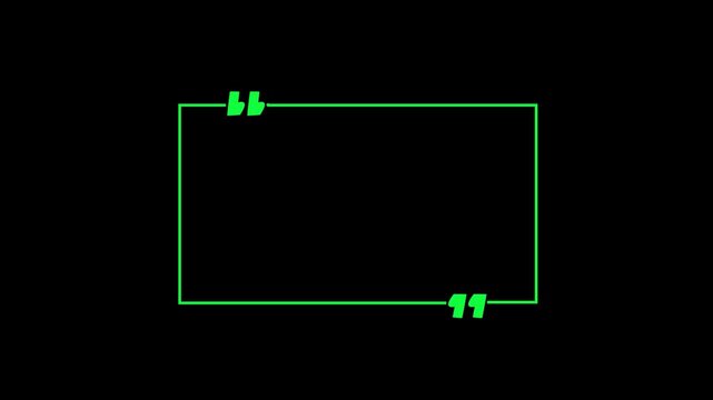 A Rectangel quote box icon animation. Rectangular quote mark graphic animation. Animated square quote frame design for textual quotation, paraphrasing, or text spoken by on black background 4k video.