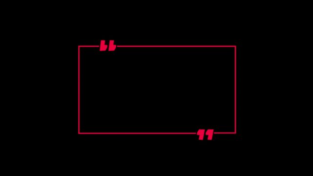 A Rectangel quote box icon animation. Rectangular quote mark graphic animation. Animated square quote frame design for textual quotation, paraphrasing, or text spoken by on black background 4k video.