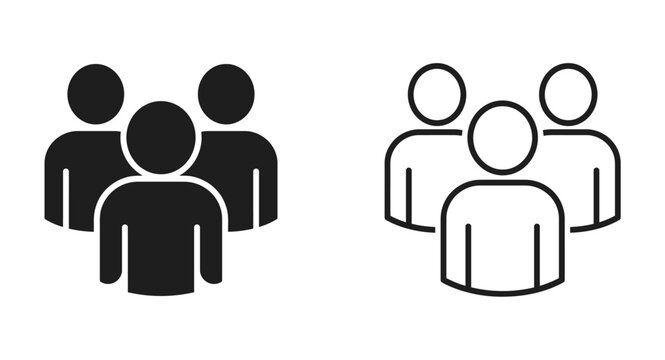Set of two group of people icons featuring a solid black silhouette version and a simple outlined line art version for modern user