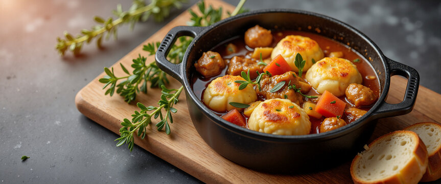Bubbling chicken dumpling stew dutch oven flat lay for rustic dinner blogs comfort food articles winter recipe sites and hearty meal presentations