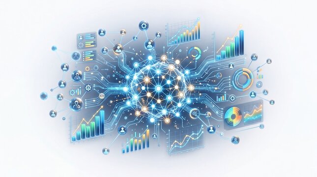 Global digital network connecting data visualizations and icons