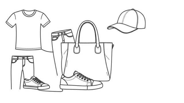 Minimalist line art sketch of a t-shirt and jeans set on white background