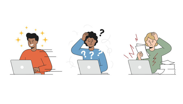 Three laptop users representing different states of mind: productive, confused, and highly stressed at work.