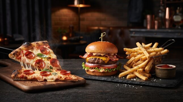 Fast-casual meal spread featuring pizza, burger, and fries on wooden board in dimly lit restaurant setting with copy space