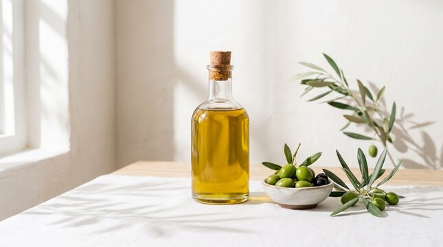 Commercial photography, glass bottle of olive oil with olive branch isolated on flat color wall background with copy space.