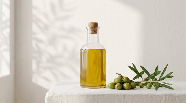 Commercial photography, glass bottle of olive oil with olive branch isolated on flat color wall background with copy space.