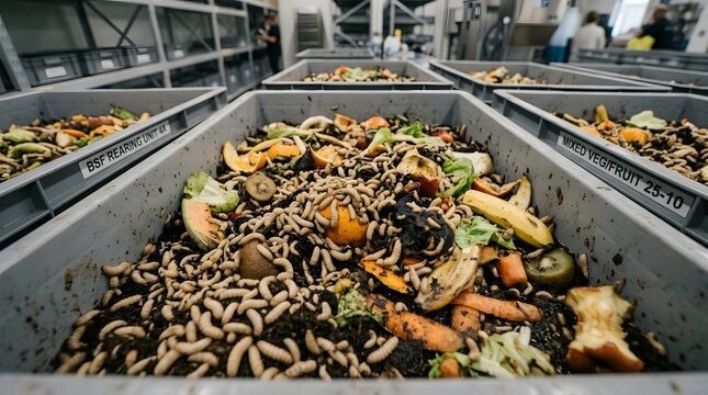 Black soldier fly larvae feeding on mixed fruit and vegetable waste in rearing trays at processing plant