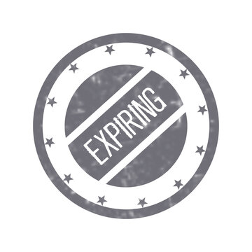 A circular purple rubber stamp icon with the word expiring in the center and a weathered grunge texture effect