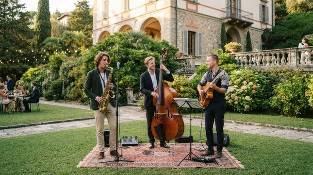 Live Jazz Ensemble Performs Outdoors: Three musicians play jazz in the lush green garden of a villa, with a double bass player, a saxophonist.