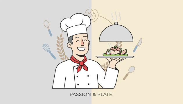 Smiling professional chef proudly presenting a gourmet dish under a silver dome cloche against a creative background.