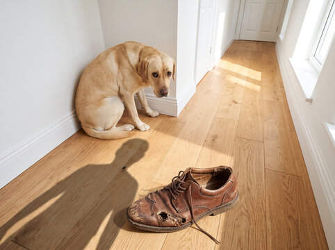 Guilty Dog Hiding Beside Chewed Shoe