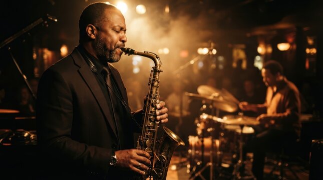 Melody in the Smoke: A soulful jazz musician captivates the audience with a mesmerizing saxophone solo, illuminated by ambient stage lights.